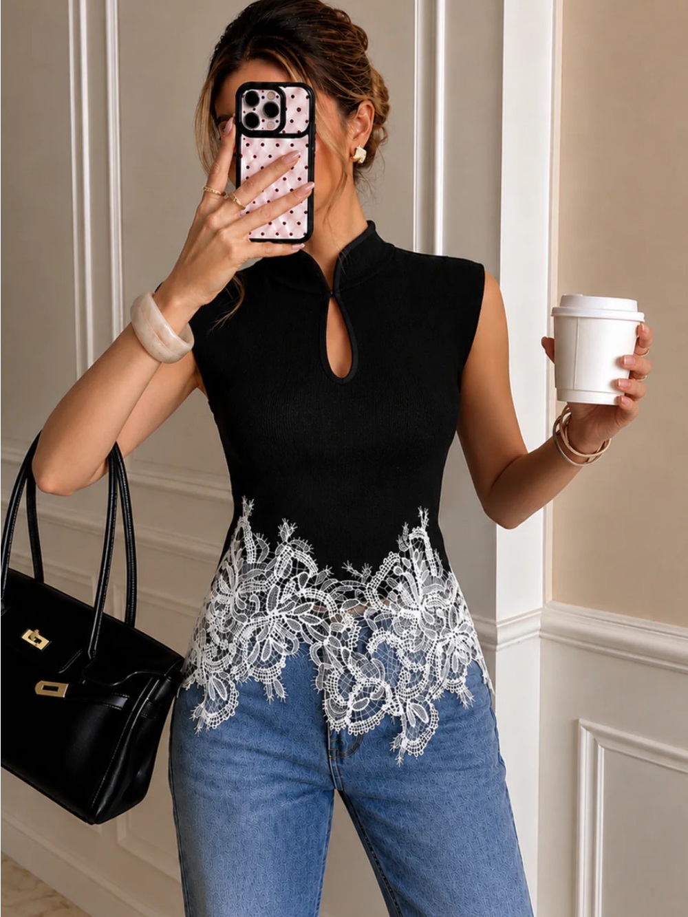 Commense Keyhole Neck Lace Hem Tank Top Size Large NWT